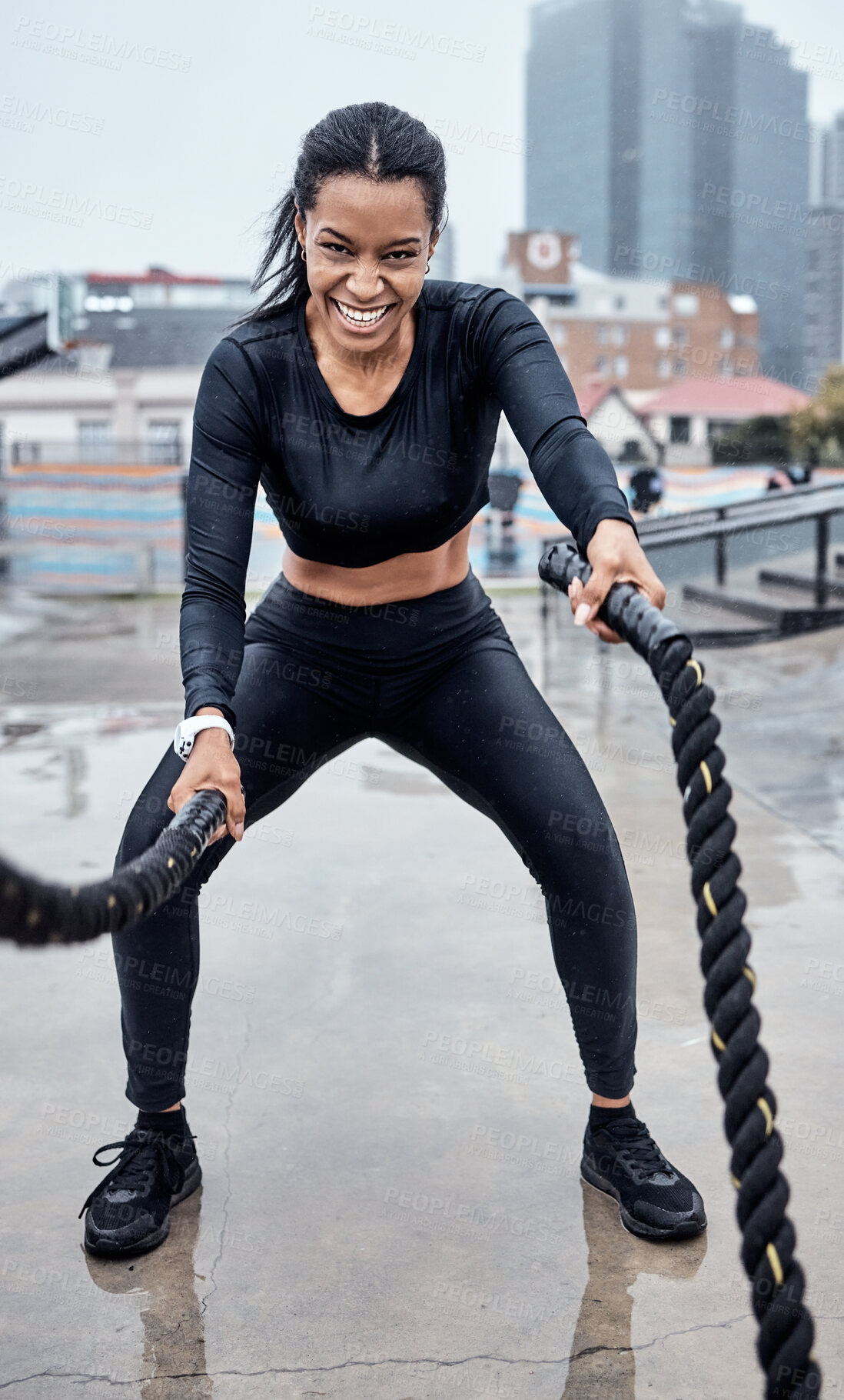 Buy stock photo Fitness, exercise and black woman with rope in city for cardio workout, training and sports wellness. Motivation, focus and portrait of female athlete with gear for strong muscles, power and energy