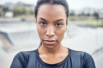Buy stock photo Fitness, woman and serious portrait for exercise, cardio workout or training in the city outdoors. African American female face looking in confidence or determination for sports, goals or exercising