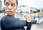Fitness, stretching arms and black woman in city with motivation, focus and commitment for workout. Sports, body performance and face of girl warm up ready for exercise, running and marathon training