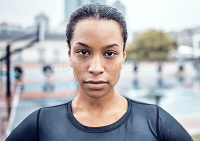 Buy stock photo Fitness, exercise and portrait of a woman athlete in the city for an outdoor run or sports training. Serious, motivation and face of young female runner with crossed arms after cardio workout outside