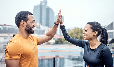 Buy stock photo Couple of friends, high five and exercise in city for workout success, team support and marathon winner. Happy athletes, sports motivation and celebration of achievement, wellness and fitness goals 