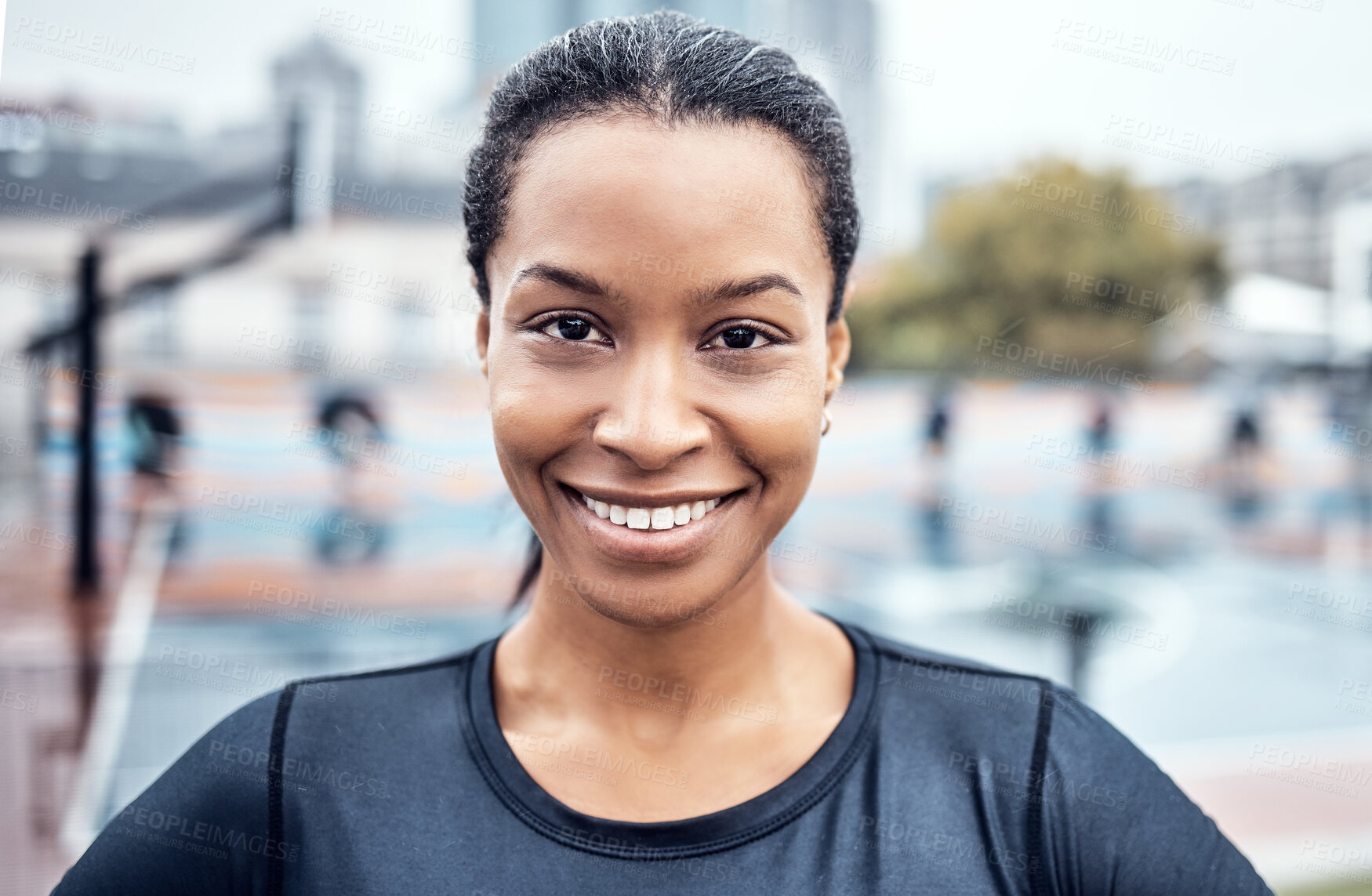 Buy stock photo Portrait, happy and fitness with a sports black woman outdoor for a running, cardio or endurance workout. Face, smile and exercise with a female athlete training outside for health or vitality