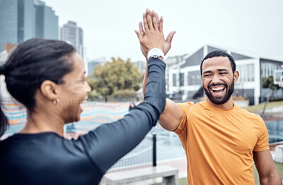 Buy stock photo Couple of friends, laughing and high five for sports, success and team support in city. Happy athletes, fitness motivation and celebration of achievement, wellness and smile of winning exercise goals