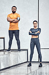 Man, woman and fitness portrait with arms crossed on steps in city with for exercise, wellness and training in Atlanta. Two athletes standing ready for urban workout, sports goals and focus people 
