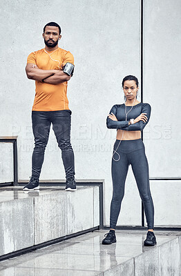 Buy stock photo Man, woman and fitness portrait with arms crossed on steps in city with for exercise, wellness and training in Atlanta. Two athletes standing ready for urban workout, sports goals and focus people 