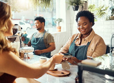 Buy stock photo Credit card, payment and shopping with black woman in coffee shop for retail, restaurant and food service. Finance, store and purchase with customer buying in cafe for spending, consumer and sales