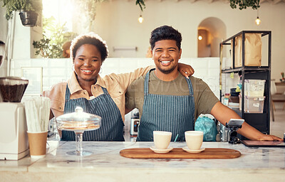 Buy stock photo Portrait, partnership and small business owners happy at coffee shop or cafe in support together. Team, collaboration and friends smiling due to startup growth and proud of success or vision