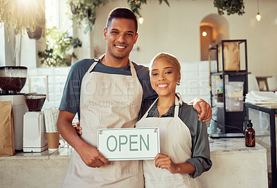 Buy stock photo Coffee shop, portrait and open sign by small business owners at a cafe in support together. Team, collaboration and friends smiling due to startup growth and proud of success or vision