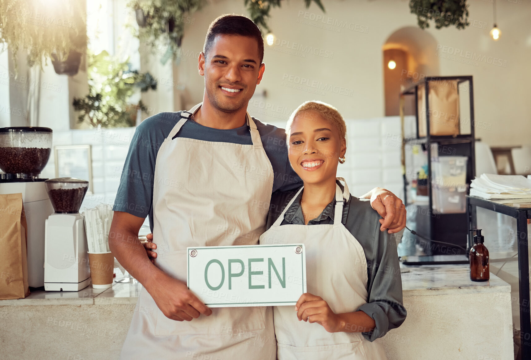 Buy stock photo Coffee shop, portrait and open sign by small business owners at a cafe in support together. Team, collaboration and friends smiling due to startup growth and proud of success or vision