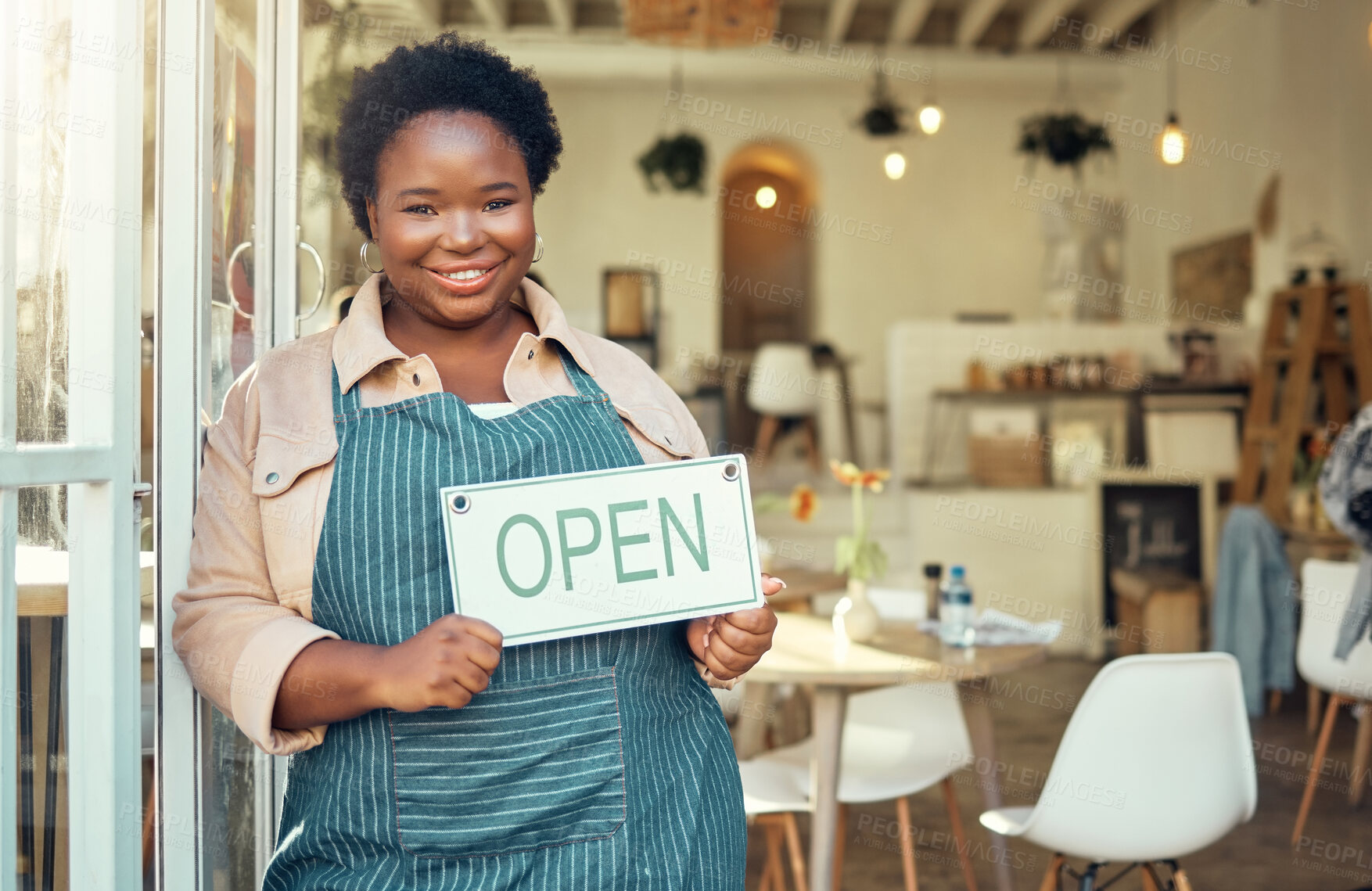 Buy stock photo Open sign, portrait and black woman business startup in cafe, restaurant or retail store with smile for success. Boss, manager or person hand holding board for welcome service at new coffee shop