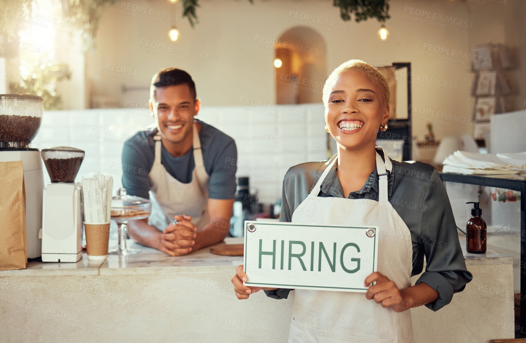 Buy stock photo Portrait, leader and hiring sign by restaurant owner happy at coffee shop or cafe with employee. Partnership, collaboration and recruitment at a store with a vacancy to join us at a job