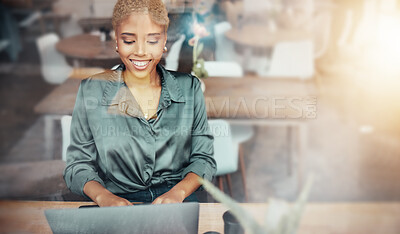 Buy stock photo Smile, coffee shop and woman typing on laptop, networking for freelance content marketing job in restaurant window. Technology, social media and remote work for happy freelancer in cafe with computer