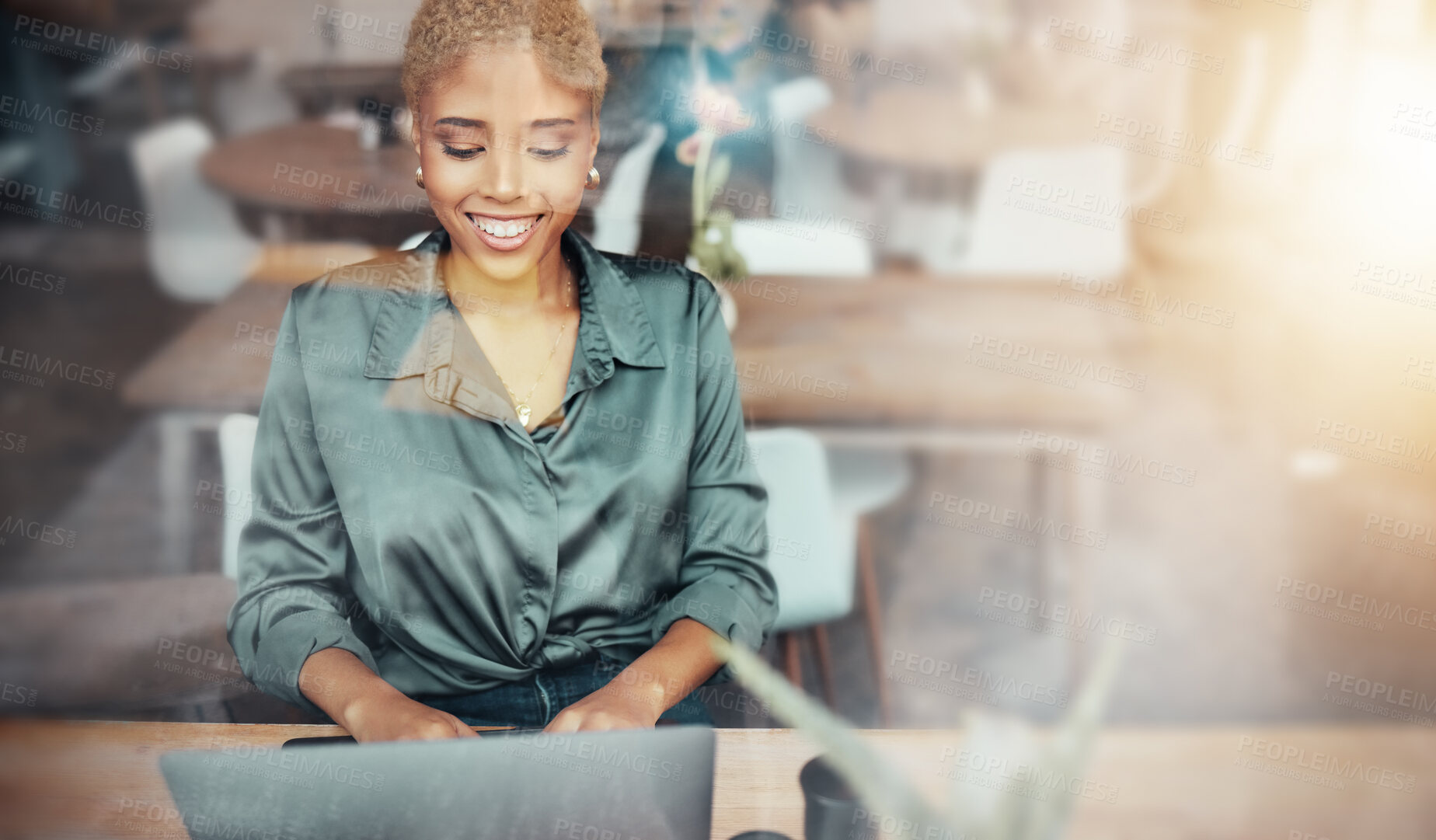 Buy stock photo Smile, coffee shop and woman typing on laptop, networking for freelance content marketing job in restaurant window. Technology, social media and remote work for happy freelancer in cafe with computer