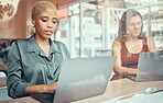 Laptop, working and business black woman in cafe window for networking, planning and writing email. Communication, internet and female workers typing on computer for project, ideas and remote work