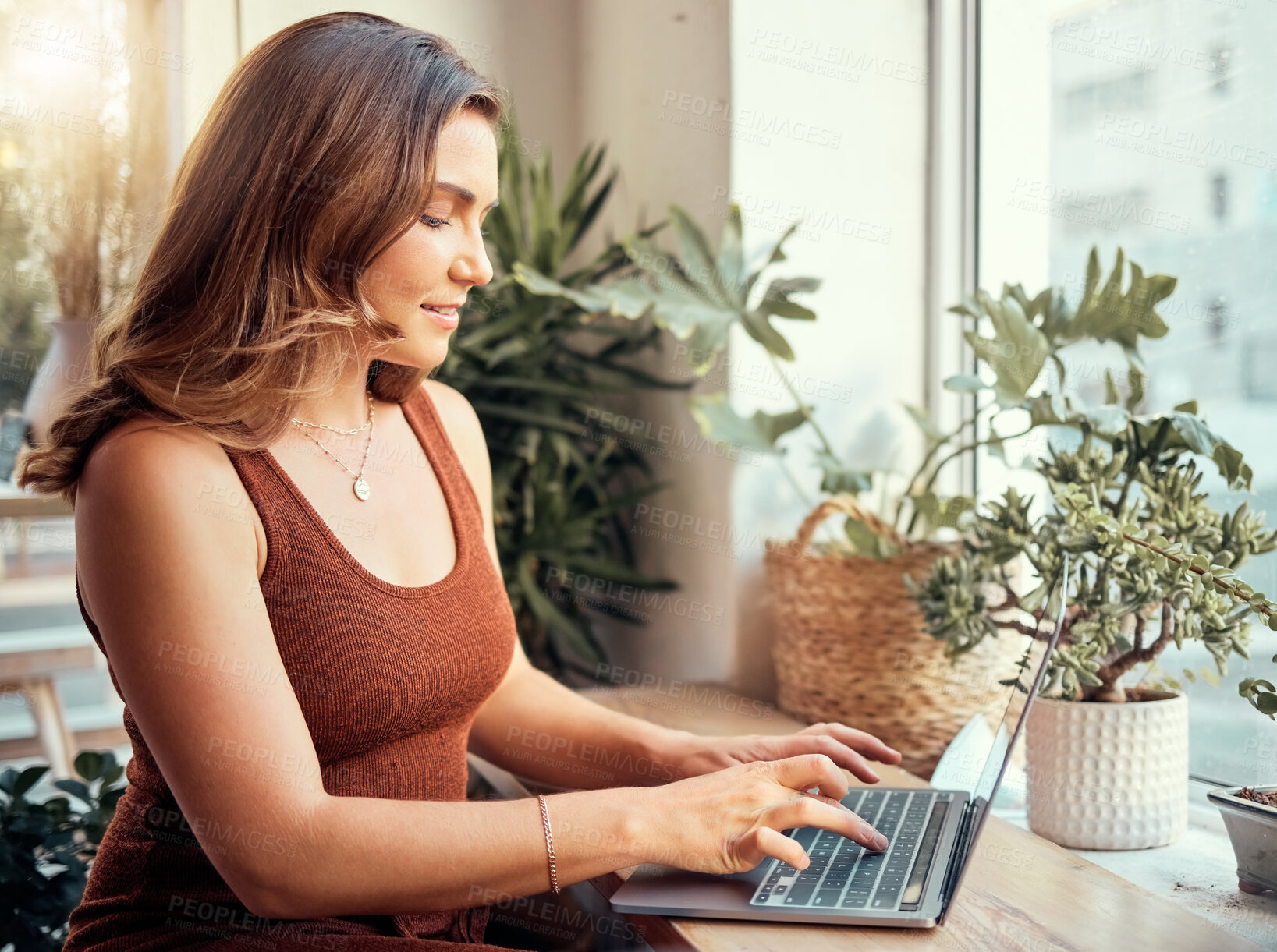 Buy stock photo Happy woman, laptop or typing in coffee shop, cafe or restaurant on internet blogging, internet research or learning course. Smile, entrepreneur or remote work on technology for freelance writing web