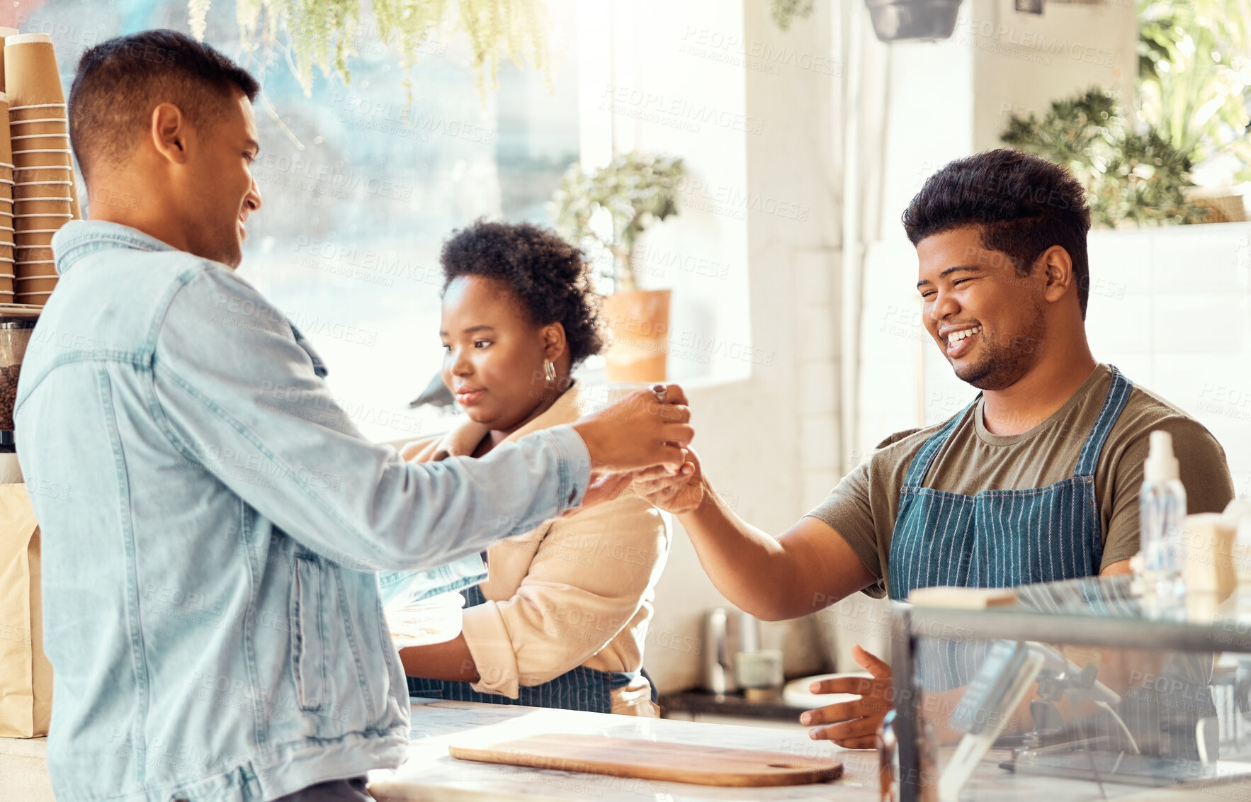 Buy stock photo Customer, purchase and coffee shop service for man at a cafe or restaurant with friendly worker in the morning. Beverage, consumer and man gives satisfied buyer an expresso or tea in a store