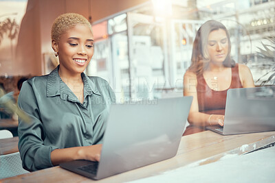 Buy stock photo Laptop, working and business women in cafe window for networking, planning and writing email. Communication, internet and female workers typing on computer for project ideas, research and remote work