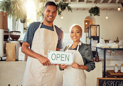 Buy stock photo Colleagues, coworkers and small business owners with open sign and happy at restaurant in support together. Team, collaboration and friends smiling for startup growth and proud of success or vision