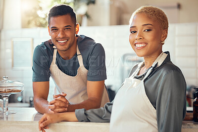 Buy stock photo Cafe, barista and team in portrait with small business and entrepreneur, employees working with server job. Entrepreneurship, food industry and man with woman in coffee shop, work together and smile