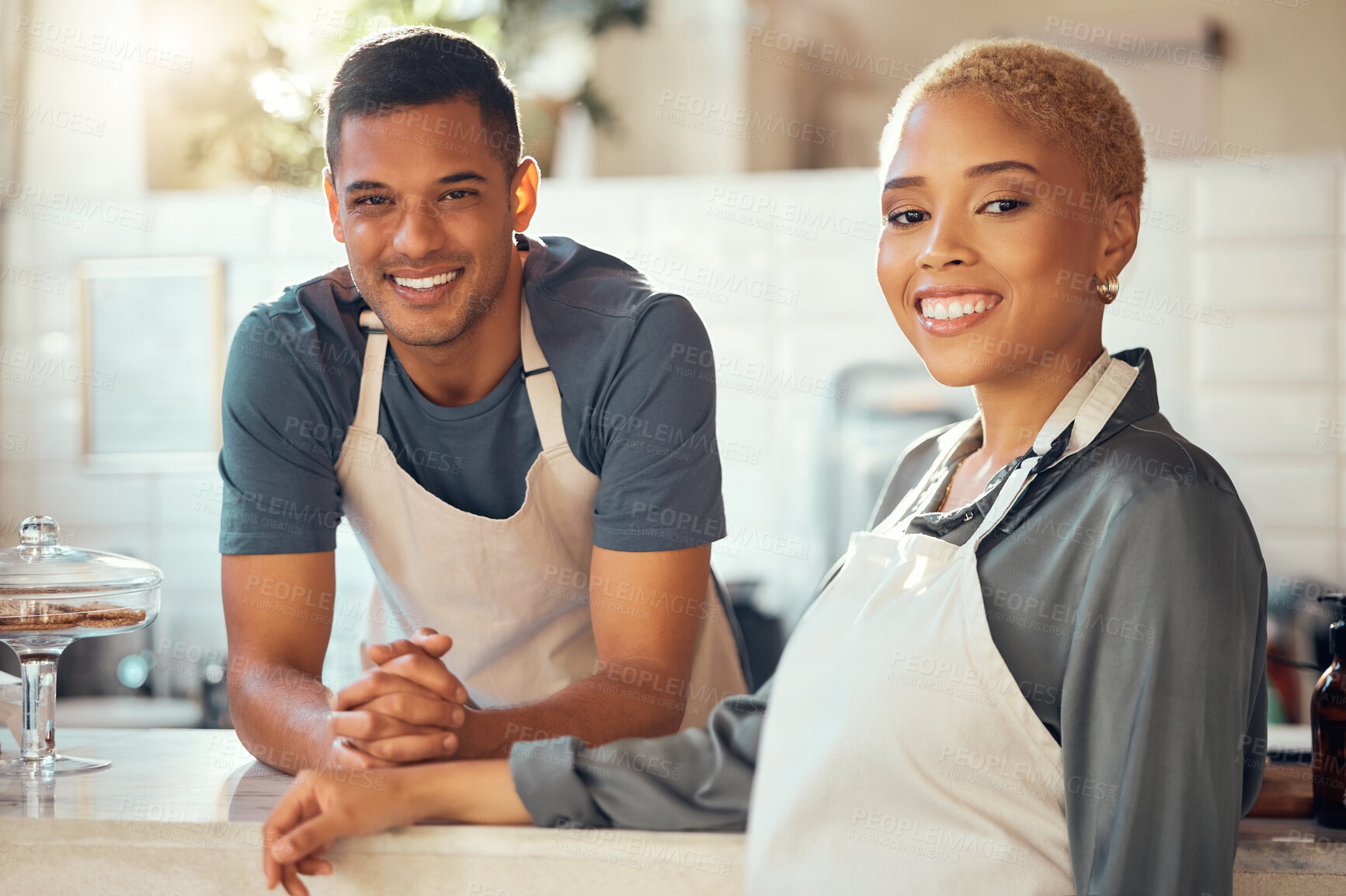 Buy stock photo Cafe, barista and team in portrait with small business and entrepreneur, employees working with server job. Entrepreneurship, food industry and man with woman in coffee shop, work together and smile