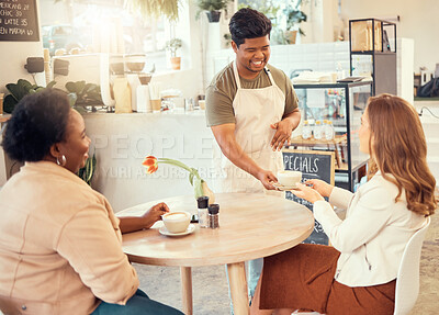 Buy stock photo Waiter, serving and restaurant service for customer at a coffee shop or cafe with friendly worker in the morning. Beverage, consumer and man gives satisfied woman in a meeting coffee or tea