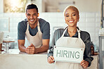 Happy, partnership and hiring sign by small business owners at coffee shop or cafe in support together. Portrait, collaboration and friends smiling due to startup growth, success or vision