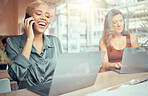 Phone call, laptop and business black woman in cafe smile for social networking, planning and b2b conversation. Communication, technology and female worker with computer for project, report and email