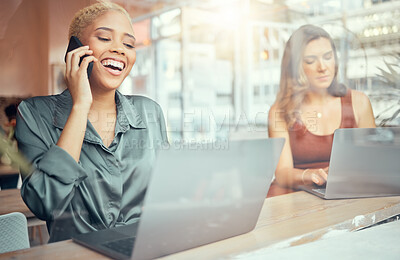 Buy stock photo Phone call, laptop and business black woman in cafe smile for social networking, planning and b2b conversation. Communication, technology and female worker with computer for project, report and email