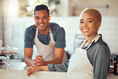 Buy stock photo Coffee shop, waitress in portrait and small business with barista and entrepreneurship, team and working together. Entrepreneur, food industry and man with woman in cafe, server job and smile