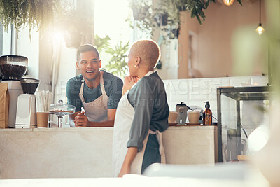 Buy stock photo Coffee shop, barista and team with small business and entrepreneur, employees chat while working and server. Entrepreneurship, food industry and team with communication, man and woman talking in cafe