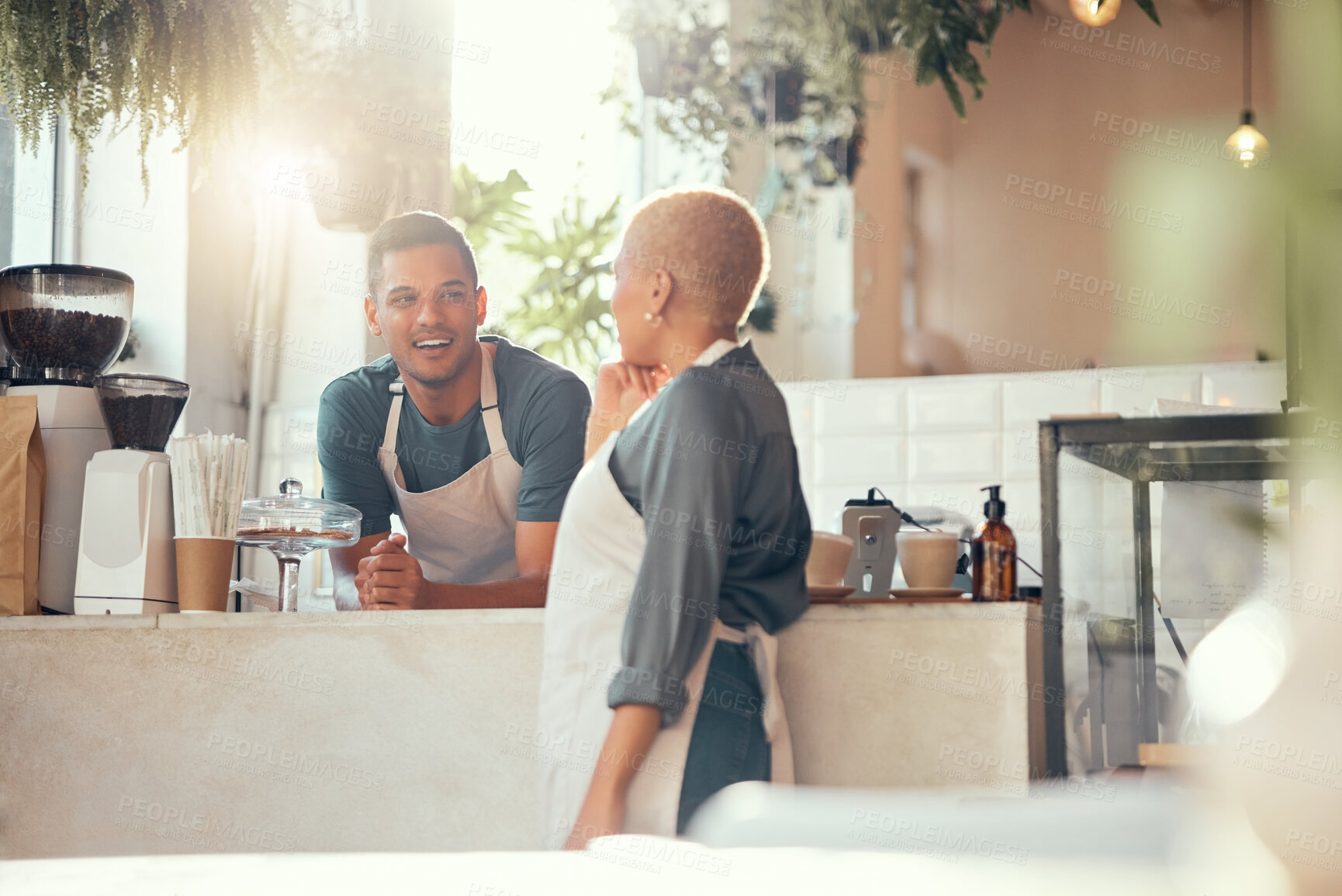 Buy stock photo Coffee shop, barista and team with small business and entrepreneur, employees chat while working and server. Entrepreneurship, food industry and team with communication, man and woman talking in cafe