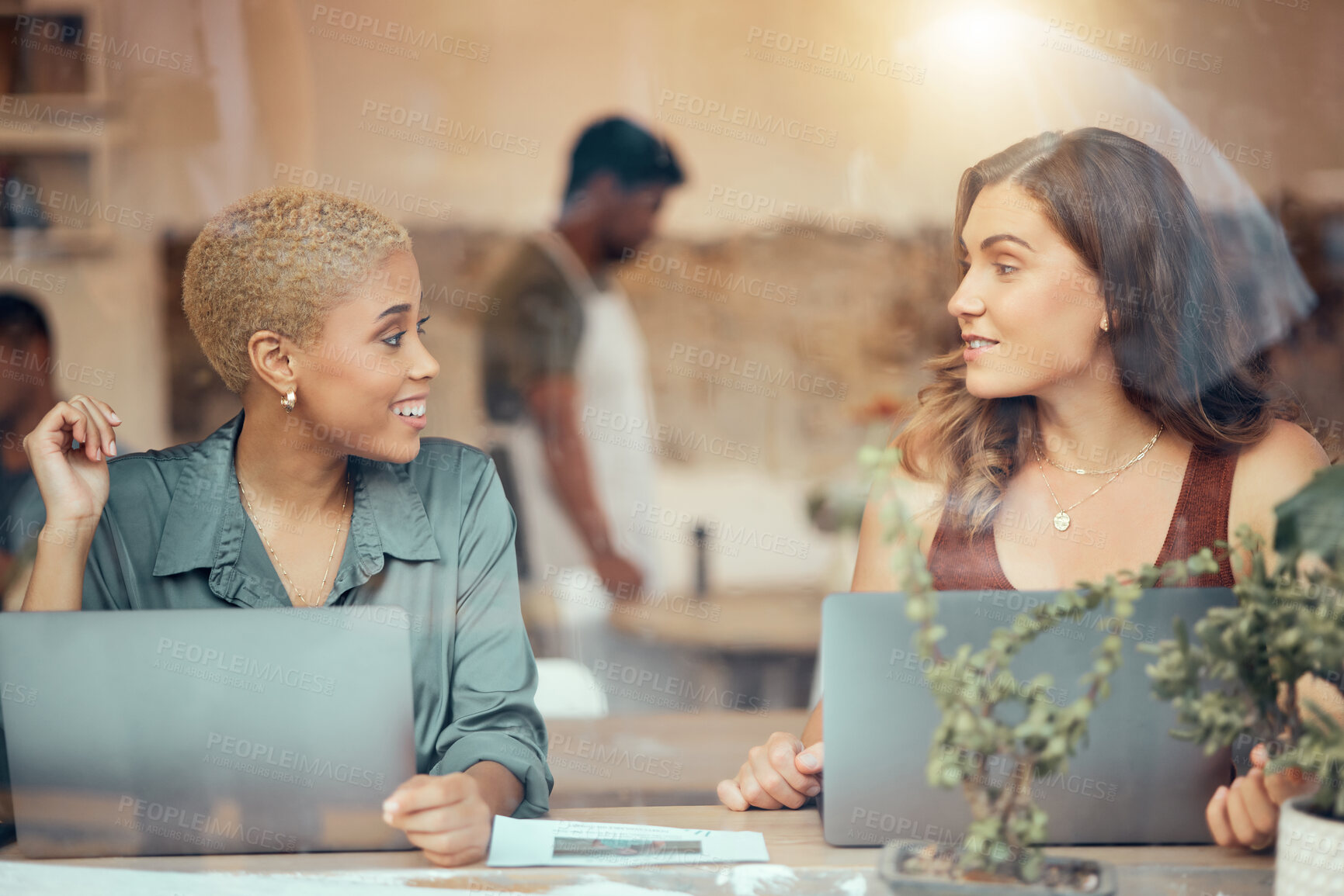 Buy stock photo Cafe, meeting and business women talking with laptop for b2b networking, discussion and conversation. Communication, collaboration and female workers working on project ideas, planning and strategy