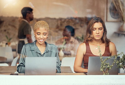 Buy stock photo Working, laptop and business women in cafe window for remote work, freelance career and networking. Communication, technology and female workers with computer for project, report and typing email