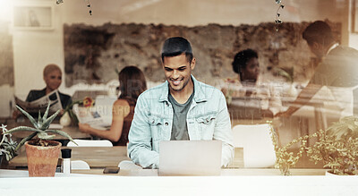 Buy stock photo Smile, internet and man with laptop in cafe typing email and networking for freelance job in restaurant window. Technology, communication and remote work, happy freelancer in coffee shop at computer.