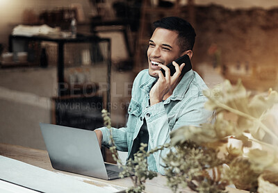 Buy stock photo Creative man, phone call and laptop laughing at cafe for communication, social network or funny conversation. Happy male freelancer laugh for joke or startup on smartphone at coffee shop restaurant