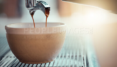 Buy stock photo Coffee machine, cup and restaurant with a caffeine beverage or espresso being poured in the service industry. Kitchen, cafe and drink with the pouring of a latte on a countertop for preparation