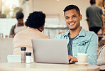 Happy man, portrait and laptop in cafe of remote work, planning freelance research or restaurant. Guy smile in coffee shop on computer technology, internet and blogging online for social networking 