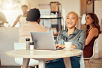 Laughing woman, portrait and laptop in cafe of remote work, freelance happiness and restaurant. Happy female, coffee shop and smile on computer technology, internet and blogging for social networking