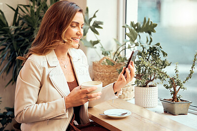 Buy stock photo Coffee shop, phone and social media with a woman customer drinking while typing a text message by a window. Internet cafe, mobile and communication with a female enjoying a drink in a restaurant