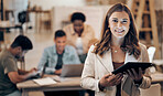 Business woman, tablet and portrait of a digital developer professional with team ready for work. Tech employee, company vision and web job of a female ready for information technology project