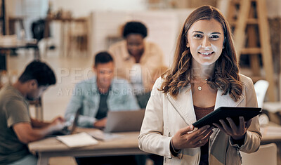 Buy stock photo Business woman, tablet and portrait of a digital developer professional with team ready for work. Tech employee, company vision and web job of a female ready for information technology project