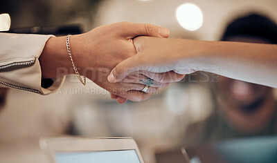 Buy stock photo Handshake, partnership and woman in cafe for business deal, agreement and collaboration for startup. Success, teamwork and people shaking hands in coffee shop for thank you, welcome and support