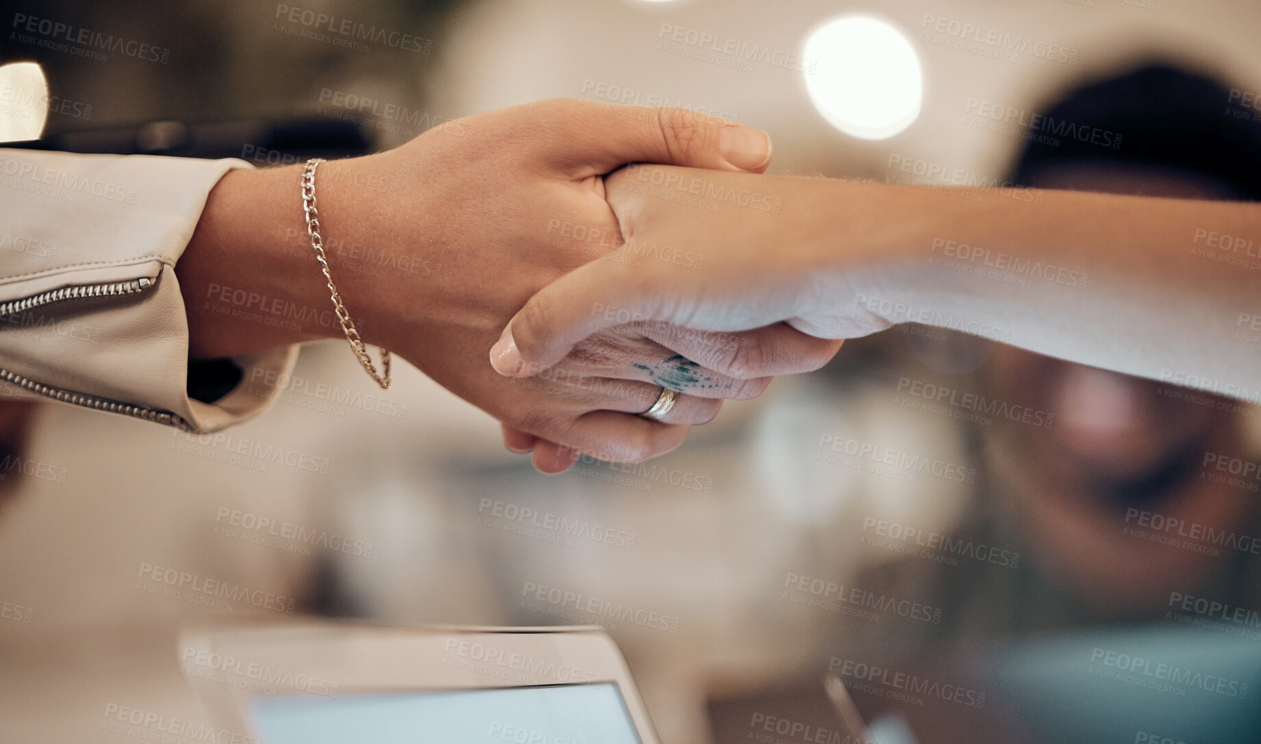 Buy stock photo Handshake, partnership and woman in cafe for business deal, agreement and collaboration for startup. Success, teamwork and people shaking hands in coffee shop for thank you, welcome and support