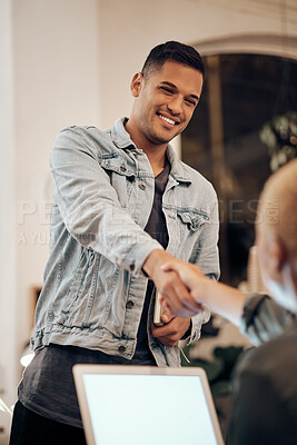 Buy stock photo Handshake, partnership and man for business deal, agreement and collaboration for startup company. Success, teamwork and people shaking hands in modern office for thank you, welcome and onboarding