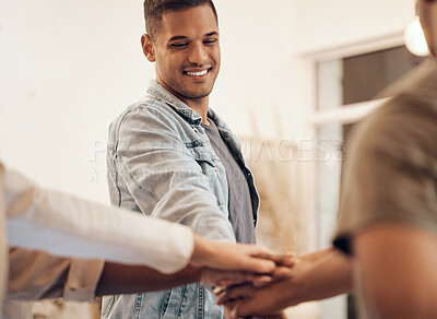 Buy stock photo Man, group and hands together for teamwork, support and trust with friends, community or people. Team stacked for unity, motivation and mission with collaboration strategy for target goal commitment