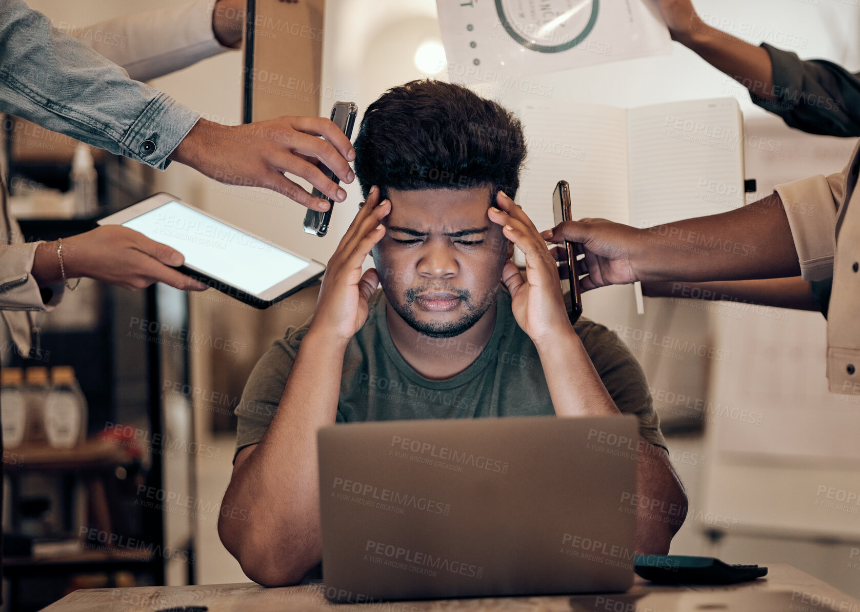 Buy stock photo Businessman, stress and headache on laptop multitasking, team management or chaos in modern office. Burnout, mental health and challenge for worker, employee or startup leader in work balance problem