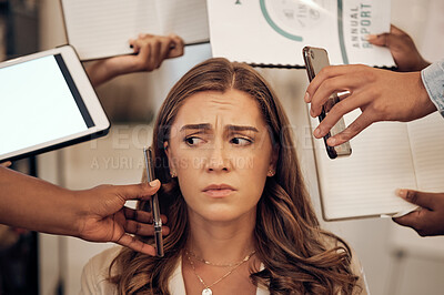 Buy stock photo Business, woman and stress with multitasking, burnout and overworked with deadlines, schedule and confused. Female employee, consultant and leader with documents, smartphone and anxiety in workplace