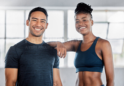 Fitness, portrait or personal trainer with a black woman at a gym for training, exercise or body workout. Motivation, friends or happy sports athletes in a partnership smile with pride in health club
