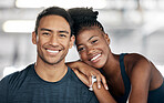 Fitness, portrait or couple of friends at gym bonding and embrace or hug in training, exercise or workout. Team partnership, coach or happy black woman in smile with pride  together in a health club