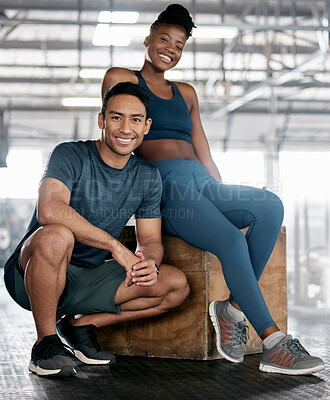 Buy stock photo Fitness, portrait or personal trainer with a happy client at gym for training, exercise or body workout. Team partnership, Indian coach or black woman smiles with pride together in a health club